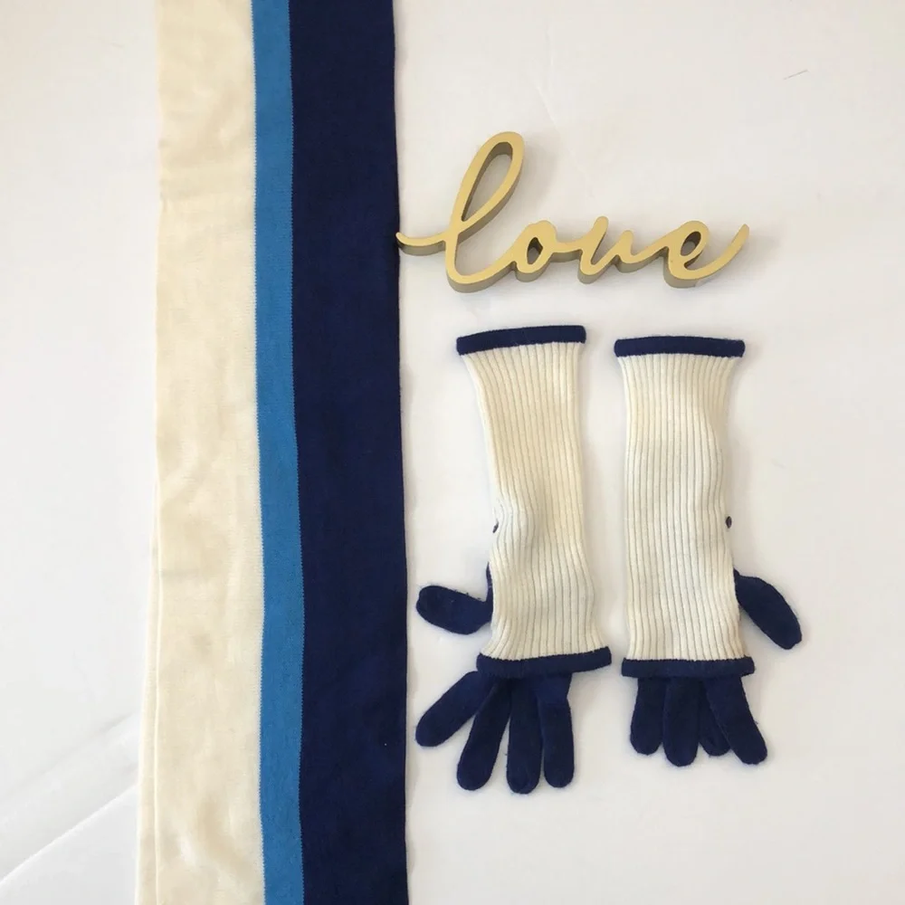 Cream & Blue Striped Scarf and Glove Set